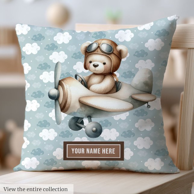 Blue Brown Teddy Pilot Pillow Custom Baby Boy Gift (Boy Baby Shower Pillow with Teddy Pilot Design)