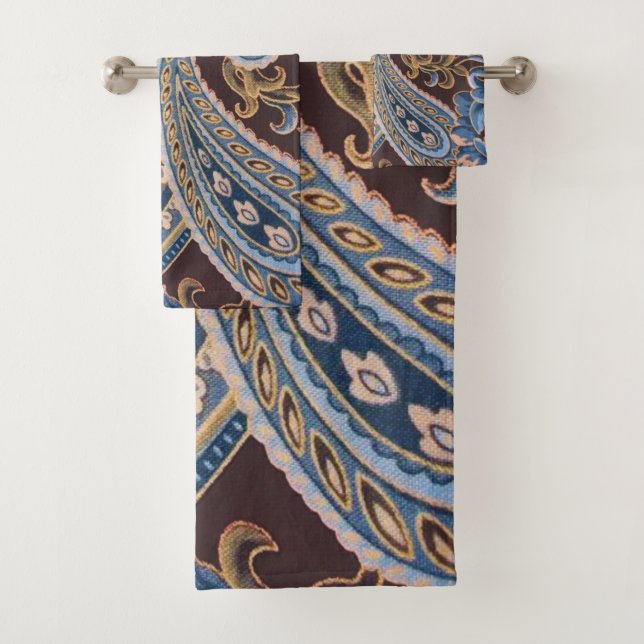 Blue Brown Vintage Paisley Bath Towel Set (Insitu)