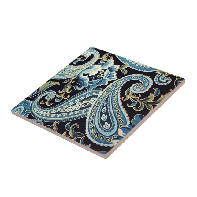 Blue Brown Vintage Paisley Ceramic Tile (Side)