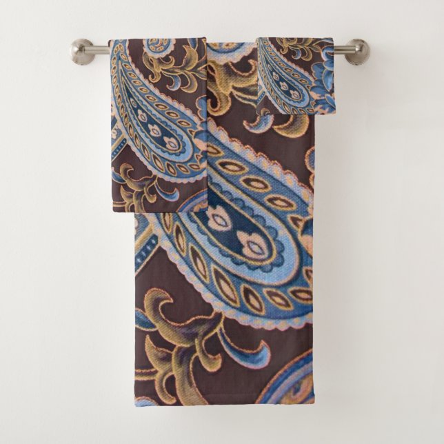 Blue Brown Vintage Paisley New Bath Towel Set (Insitu)