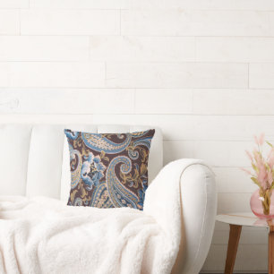 Blue Brown Vintage Paisley New Throw Pillow