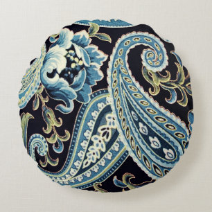 Blue Brown Vintage Paisley Round Cushion