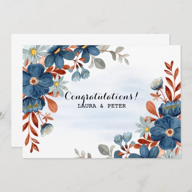 Blue & Brown Watercolor Floral Congratulations Invitation (Front/Back)