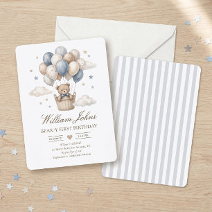 Blue Brown Watercolor Hot Air Balloon Teddy Bear Invitation