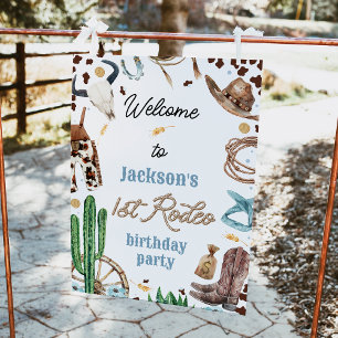 Blue Brown Western First Rodeo 1st Birthday Sign