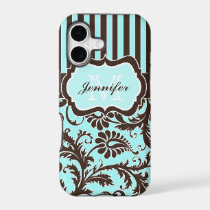 Blue, Brown, White Striped Damask iPhone 5 Case