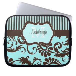 Blue Brown White Striped Damask Laptop Sleeve