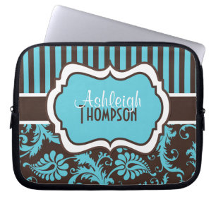 Blue Brown White Striped Damask Laptop Sleeve