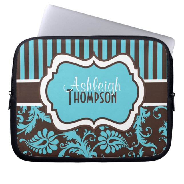 Blue Brown White Striped Damask Laptop Sleeve (Front)