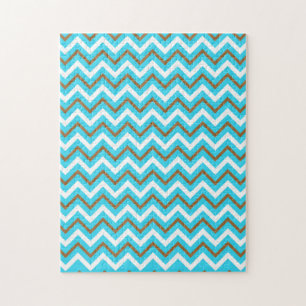 Blue Brown White Zig Zag Lines Geometric Sea Waves Jigsaw Puzzle
