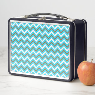 Blue Brown White Zig Zag Lines Geometric Sea Waves Metal Lunch Box