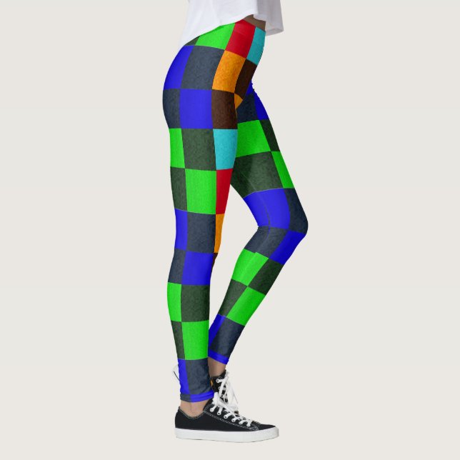 Blue Browns Green Red Checks Pattern, Leggings (Right)