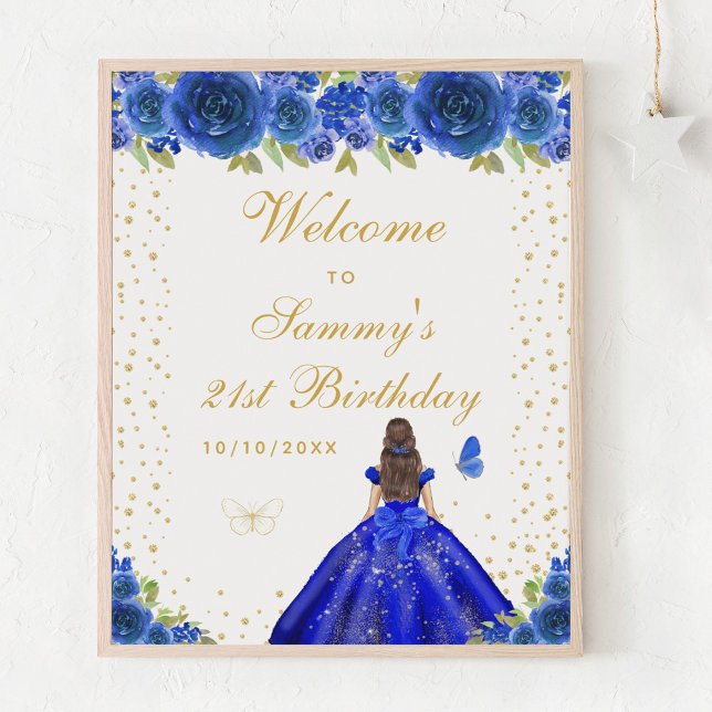 Blue Brunette Hair Girl Birthday Party Welcome Poster (Creator Uploaded)