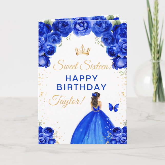 Blue Brunette Hair Girl Sweet Sixteen Birthday Card (Front)