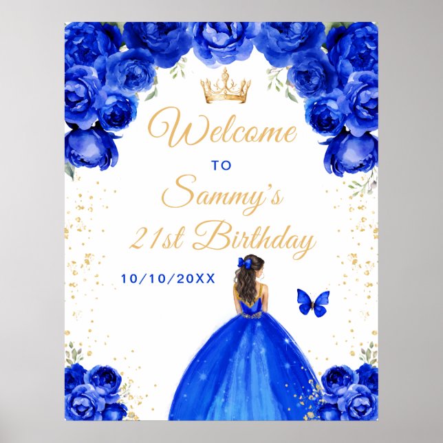 Blue Brunette Hair Princess Birthday Welcome Poster (Front)