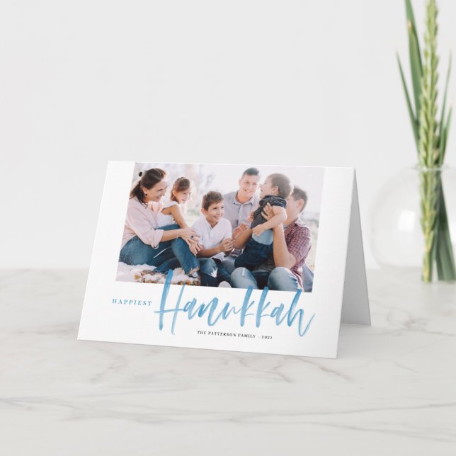 Blue Brush Lettering Happiest Hanukkah Photo Holiday Card (Front)