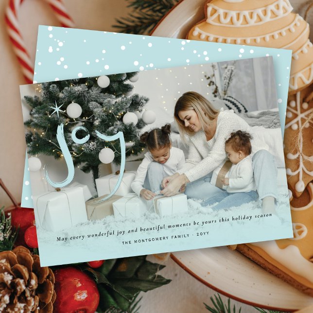 Blue Brushed Joy Calligraphy Star Christmas Photo Holiday Card (Creator Uploaded)