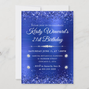 Blue Brushed Metal and Glitter 21st Birthday Invitation