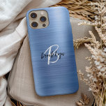 Blue Brushed Metal Black White Script Monogram  iPhone 15 Case<br><div class="desc">This elegant personalised phone case features a monogram and first name in modern black and white script on a trendy blue brushed metal background.</div>