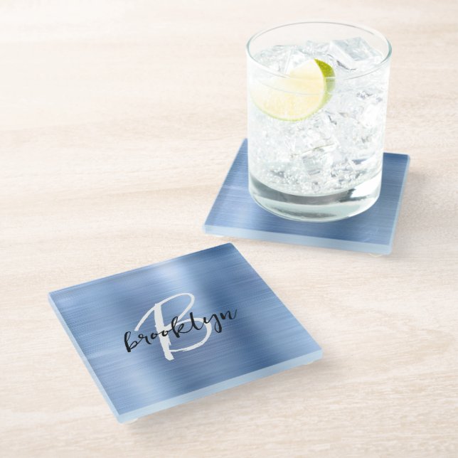 Blue Brushed Metal Black White Script Monogram  Glass Coaster (Angled)