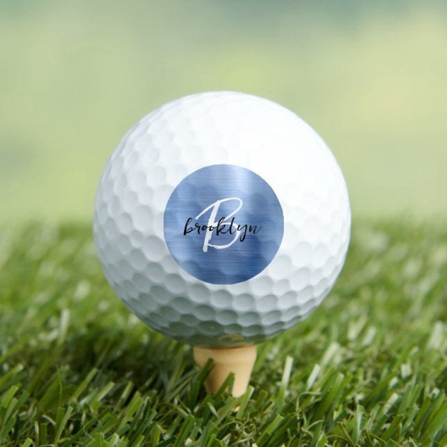 Blue Brushed Metal Black White Script Monogram  Golf Balls (Insitu Tee)