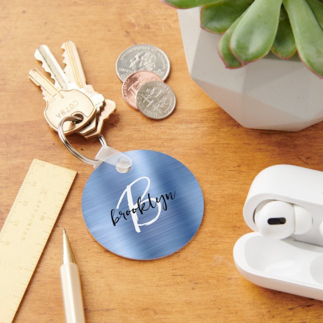 Blue Brushed Metal Black White Script Monogram  Key Ring (Desk)