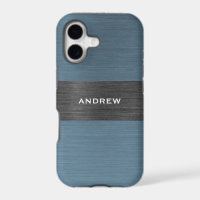 Blue Brushed Metal Metallic Monogram Name