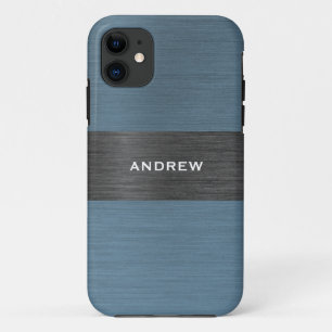 Blue Brushed Metal Metallic Monogram Name  iPhone 11 Case