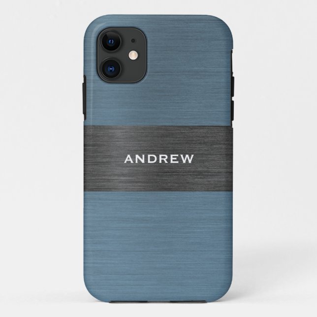 Blue Brushed Metal Metallic Monogram Name  Case-Mate iPhone Case (Back)