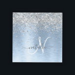 Blue Brushed Metal Silver Glitter Monogram Name Acrylic Tray<br><div class="desc">Easily personalise this trendy chic acrylic tray design featuring pretty silver sparkling glitter on a blue brushed metallic background.</div>