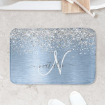 Blue Brushed Metal Silver Glitter Monogram Name Bath Mat<br><div class="desc">Easily personalise this trendy chic bath mat design featuring pretty silver sparkling glitter on a blue brushed metallic background.</div>