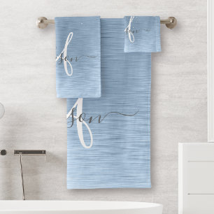 Blue Brushed Metal Silver Glitter Monogram Name Bath Towel Set