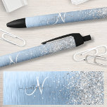 Blue Brushed Metal Silver Glitter Monogram Name Black Ink Pen<br><div class="desc">Easily personalise this trendy chic pen design featuring pretty silver sparkling faux glitter on a blue brushed metallic background.</div>