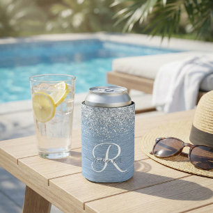  Blue Brushed Metal Silver Glitter Monogram Name Can Cooler