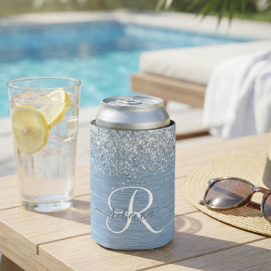 Blue Brushed Metal Silver Glitter Monogram Name Can Cooler