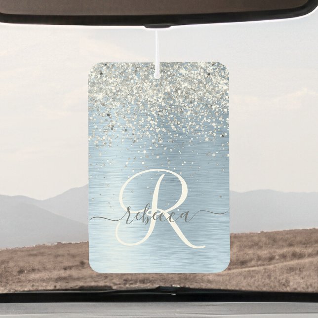 Blue Brushed Metal Silver Glitter Monogram Name Car Air Freshener (Creator Uploaded)