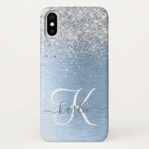 Blue Brushed Metal Silver Glitter Monogram Name Case-Mate iPhone Case