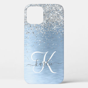 Blue Brushed Metal Silver Glitter Monogram Name iPhone 12 Pro Case