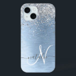 Blue Brushed Metal Silver Glitter Monogram Name iPhone 15 Case<br><div class="desc">Easily personalise this trendy chic phone case design featuring pretty silver sparkling glitter on a blue brushed metallic background.</div>