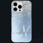 Blue Brushed Metal Silver Glitter Monogram Name iPhone 16 Pro Max Case<br><div class="desc">Easily personalise this trendy chic phone case design featuring pretty silver sparkling glitter on a blue brushed metallic background.</div>