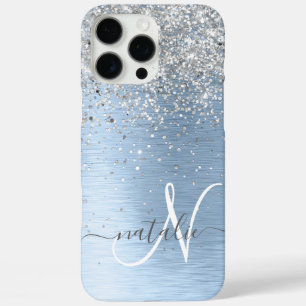 Blue Brushed Metal Silver Glitter Monogram Name iPhone 16 Pro Max Case