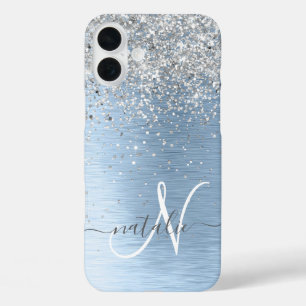 Blue Brushed Metal Silver Glitter Monogram Name iPhone 16 Plus Case