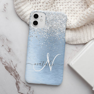 Blue Brushed Metal Silver Glitter Monogram Name Case-Mate iPhone 14 Plus Case