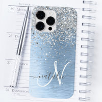 Blue Brushed Metal Silver Glitter Monogram Name