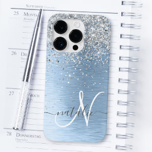 Blue Brushed Metal Silver Glitter Monogram Name iPhone 12 Case