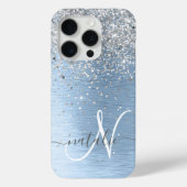 Blue Brushed Metal Silver Glitter Monogram Name Case-Mate iPhone Case (Back)