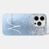 Blue Brushed Metal Silver Glitter Monogram Name Case-Mate iPhone Case (Back (Horizontal))