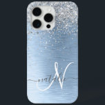 Blue Brushed Metal Silver Glitter Monogram Name iPhone 15 Pro Max Case<br><div class="desc">Easily personalise this trendy chic phone case design featuring pretty silver sparkling glitter on a blue brushed metallic background.</div>