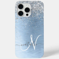 Blue Brushed Metal Silver Glitter Monogram Name