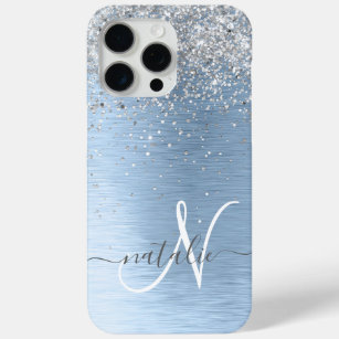 Blue Brushed Metal Silver Glitter Monogram Name iPhone 15 Pro Max Case